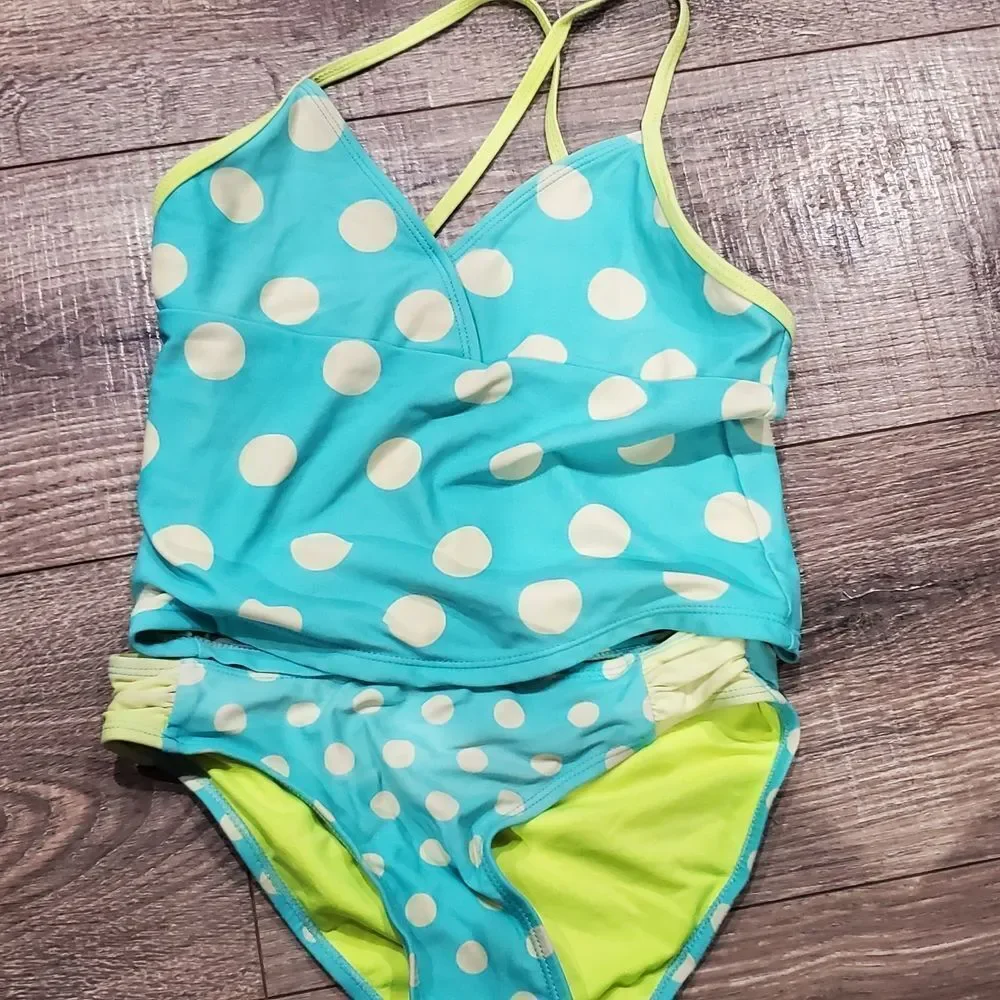 Girl Swim Suit Size 10-12 Aqua Striped and Polka Dot Swimsuit Set 2 Pieces
